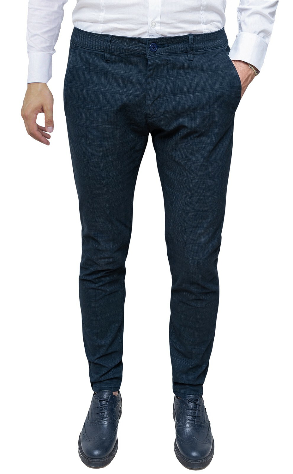 PANTALONI UOMO DIAMOND SLIM FIT QUADRI BLU SCURO PRINCIPE DI GALLES da 44 a  56